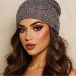 Barefoot Dreams Knit Beanie / Gray and Brown / One Size